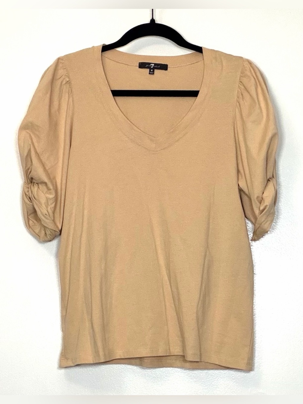 7 For All Mankind Beige V-Neck Puff Sleeve Top